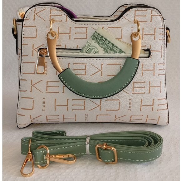Letter Graphic Design Handbag Green & Beige Bag with Shoulder Strap - Picture 2 of 6